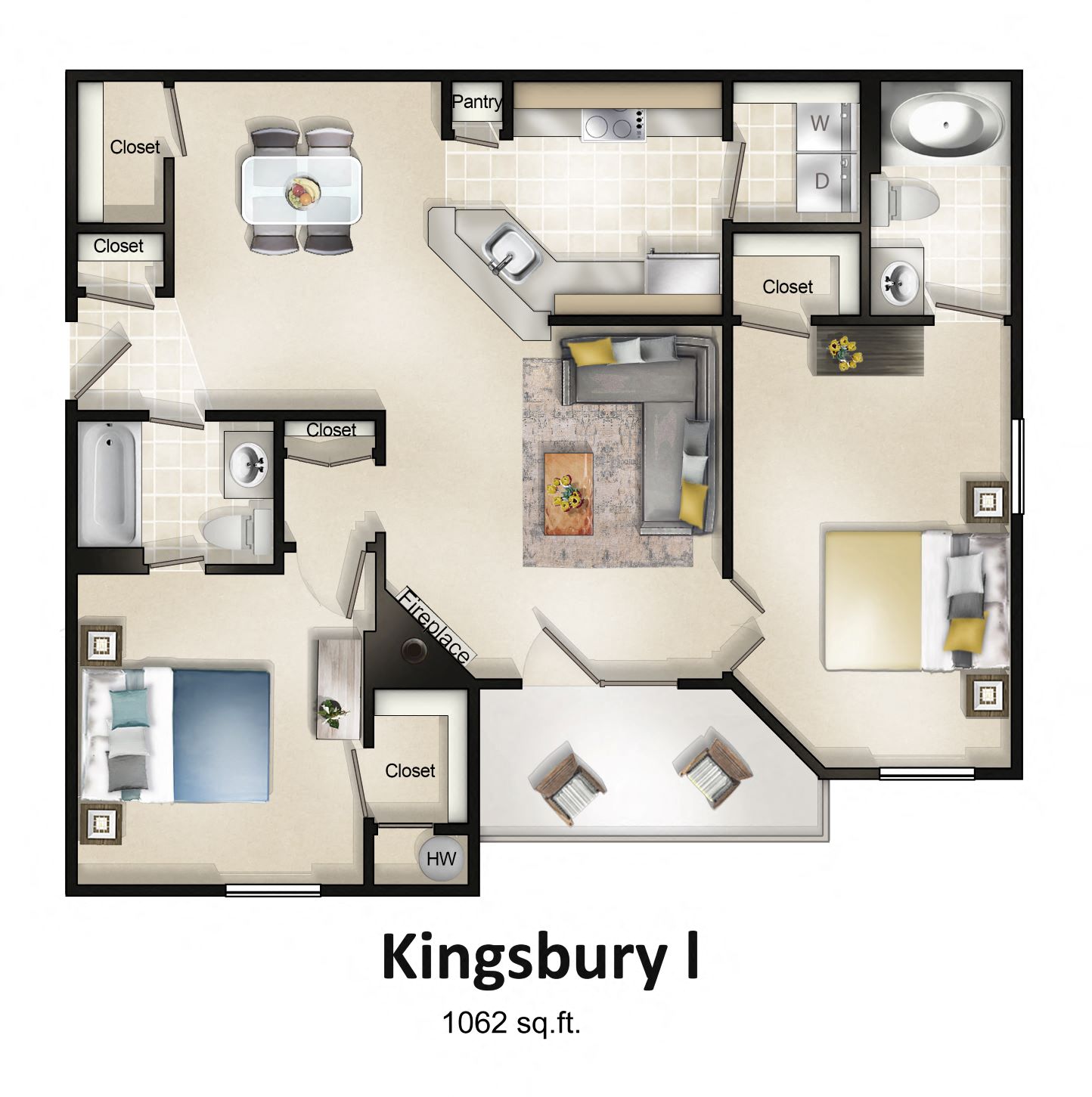 Floor plan for 2 beds, 2 baths, 1062 sqft